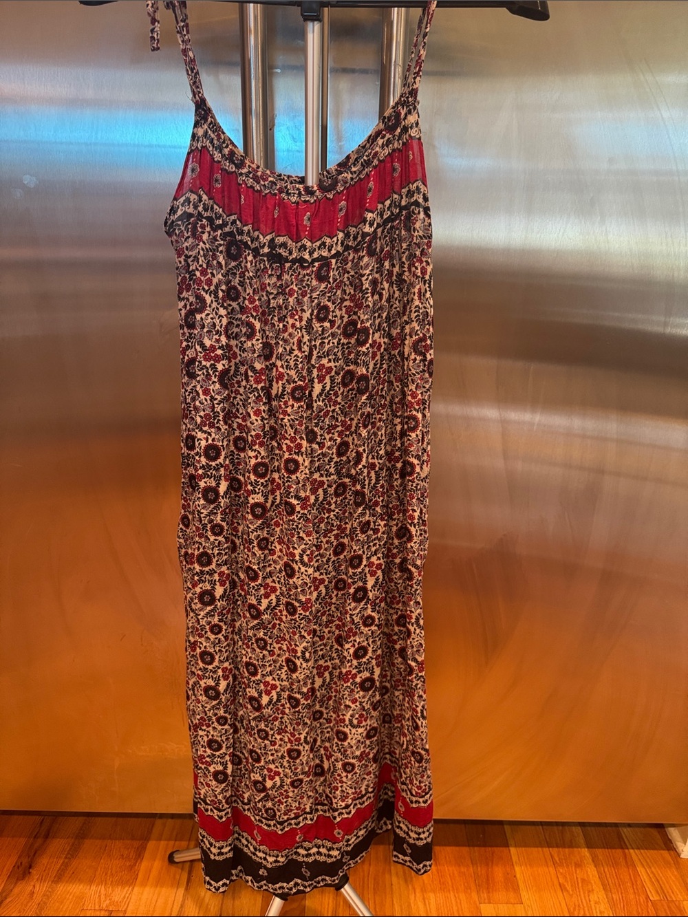Boho Floral Maxi Sundress with Red Accents